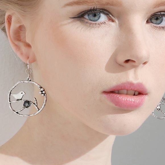 Antique Silver Bird Twig Hoops - Picture 3 of 4